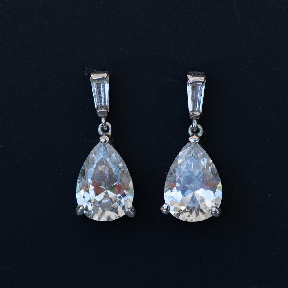 Silver Pear & baguette CZ earrings